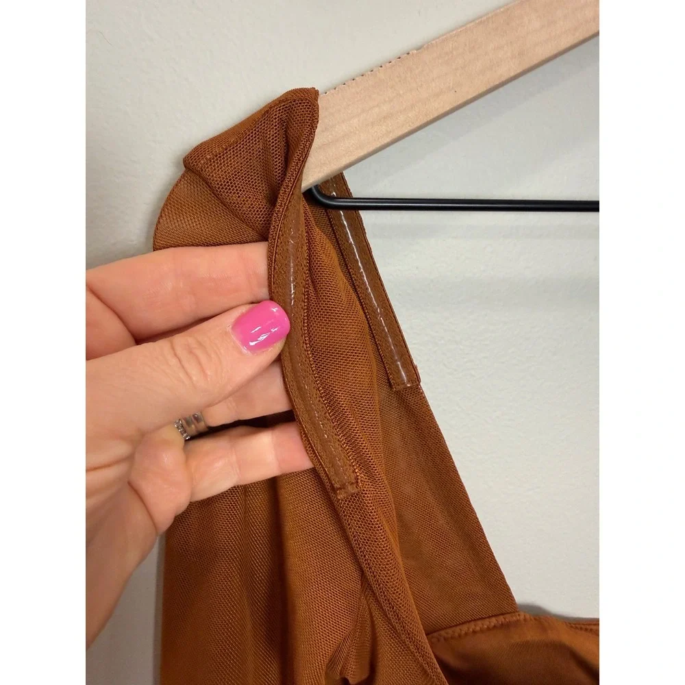 Oh Polly Corset Long Sleeve Mesh Mini Dress Baddie Hot Rouched Sheer Brown 2 - Picture 10 of 13